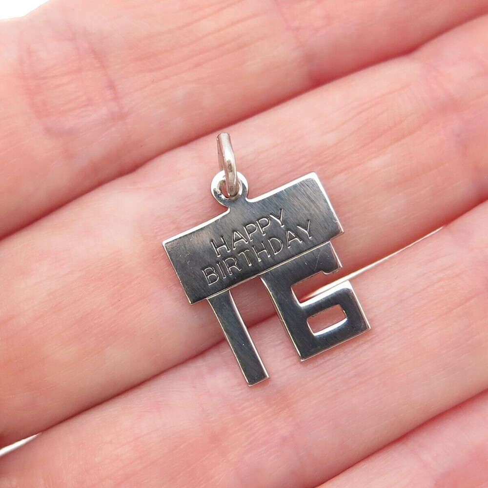 WELLS 925 Sterling Silver Vintage Happy 16 Birthday Mini Charm Pendant